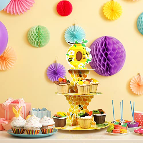 3 Tier Bee Paper Cupcake Stand Holder Bee Sunflower Party Dessert Round Tower Yellow Bee Sturdy Cupcake Pastry Stand for Kids Birthday Baby Shower Party Decorations Bee Theme Party Supplies