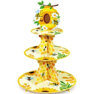 3 tier bee paper cupcake stand holder bee sunflower party dessert round tower yellow bee sturdy cupcake pastry stand for kids birthday baby shower party decorations bee theme party supplies
