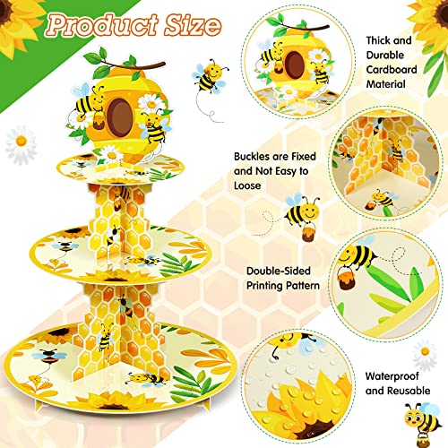 3 Tier Bee Paper Cupcake Stand Holder Bee Sunflower Party Dessert Round Tower Yellow Bee Sturdy Cupcake Pastry Stand for Kids Birthday Baby Shower Party Decorations Bee Theme Party Supplies