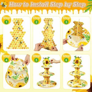 3 Tier Bee Paper Cupcake Stand Holder Bee Sunflower Party Dessert Round Tower Yellow Bee Sturdy Cupcake Pastry Stand for Kids Birthday Baby Shower Party Decorations Bee Theme Party Supplies