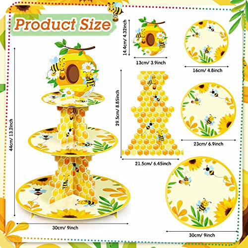 3 Tier Bee Paper Cupcake Stand Holder Bee Sunflower Party Dessert Round Tower Yellow Bee Sturdy Cupcake Pastry Stand for Kids Birthday Baby Shower Party Decorations Bee Theme Party Supplies