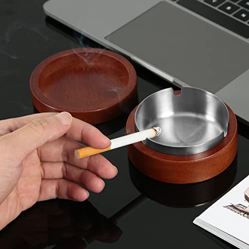 Outdoor Ashtray, Wooden Ash Tray with Lid, Windproof Ashtrays for Cigarettes with Stainless Steel Liner, Portable Ash trays for Indoor/Outside/Home/Office/Patio/Table/Balcony