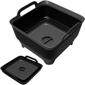 rainmax wash basin, portable sink, folding laundry tub, washing basin with draining plug, camping collapsible dish tub, plastic tub carry handles. black