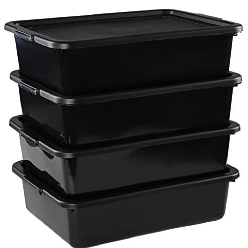 Obstnny 4 Pack 13 L Commercial Bus Tub with Lid, Plastic Bus Box, Black