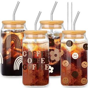 whaline drinking glasses with bamboo lids and glass straw 4pcs set - 16oz can shaped glass cup, beer glass, iced coffee glass, cute tumbler cup, ideal for cocktail, whiskey, gift - 2 cleaning brushes