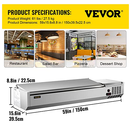 VEVOR 40Qt Sandwich Table 150W Stainless Salad Bar Refrigerated Condiment Prep Station, 60in, Silver