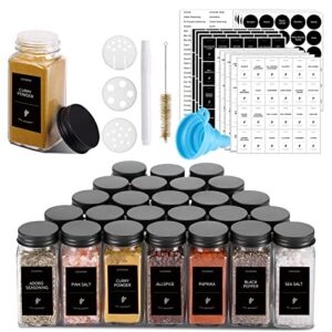 cucumi 25pcs spice jars with labels, glass spice jars with black metal caps, 4oz spice bottles with shaker lids, funnel, chalk pen,test tube brush, seasoning storage for spice rack, cabinet