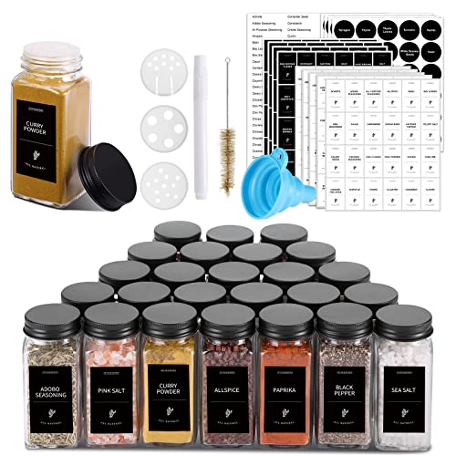 CUCUMI 25pcs Spice Jars with Labels, Glass Spice Jars with Black Metal Caps, 4oz Spice Bottles with Shaker Lids, Funnel, Chalk Pen,Test Tube Brush, Seasoning Storage for Spice Rack, Cabinet