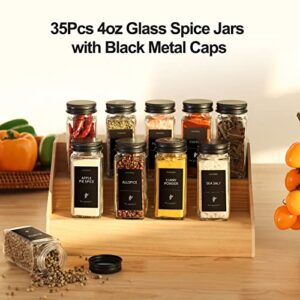 CUCUMI 25pcs Spice Jars with Labels, Glass Spice Jars with Black Metal Caps, 4oz Spice Bottles with Shaker Lids, Funnel, Chalk Pen,Test Tube Brush, Seasoning Storage for Spice Rack, Cabinet