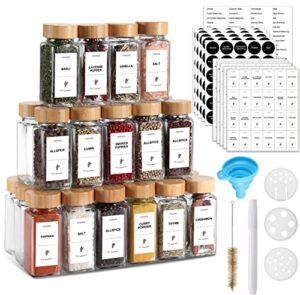 cucumi 40pcs spice jars with labels 4oz glass spice bottles with bamboo lids, spice labels stickers, shaker lids, funnel, test tube brush, seasoning storage containers for spice rack, cabinet, drawe
