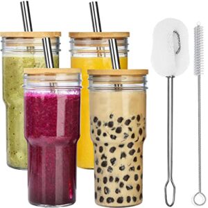 alink 4-pack glass cups with bamboo lids and straws, 24 oz mason jar glass tumbler, reusable boba cups, iced coffee drinking glasses for bubble tea, smoothies, juice - 2 cleaning brush