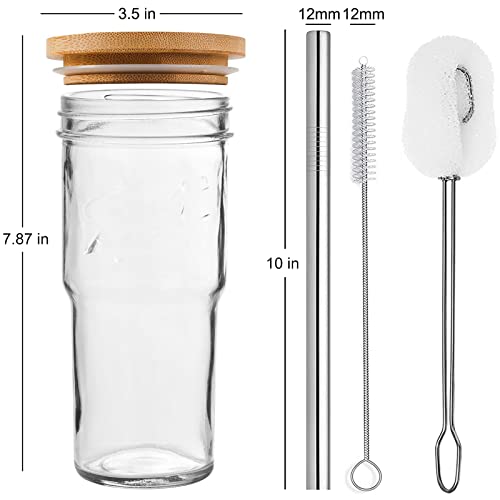 ALINK 4-Pack Glass Cups with Bamboo Lids and Straws, 24 OZ Mason Jar Glass Tumbler, Reusable Boba Cups, Iced Coffee Drinking Glasses for Bubble Tea, Smoothies, Juice - 2 Cleaning Brush