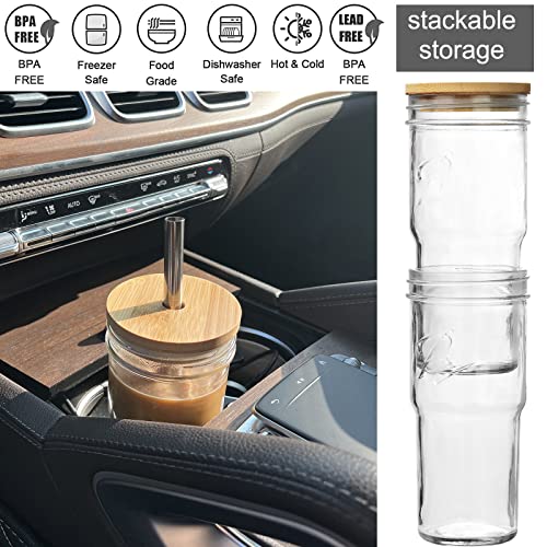 ALINK 4-Pack Glass Cups with Bamboo Lids and Straws, 24 OZ Mason Jar Glass Tumbler, Reusable Boba Cups, Iced Coffee Drinking Glasses for Bubble Tea, Smoothies, Juice - 2 Cleaning Brush