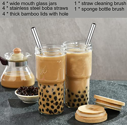ALINK 4-Pack Glass Cups with Bamboo Lids and Straws, 24 OZ Mason Jar Glass Tumbler, Reusable Boba Cups, Iced Coffee Drinking Glasses for Bubble Tea, Smoothies, Juice - 2 Cleaning Brush