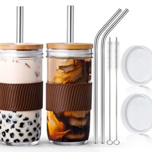 IPOW 24OZ Glass Cups with Lids and Metal Straws 2 Pack, Iced Coffee Cups with Bamboo Lids, Cute Boba Cup with Non-slip Sleeve, Clear Drinking Glasses for Bubble Tea, Smoothies, Juices, Sauces