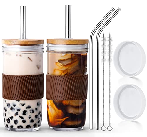 IPOW 24OZ Glass Cups with Lids and Metal Straws 2 Pack, Iced Coffee Cups with Bamboo Lids, Cute Boba Cup with Non-slip Sleeve, Clear Drinking Glasses for Bubble Tea, Smoothies, Juices, Sauces