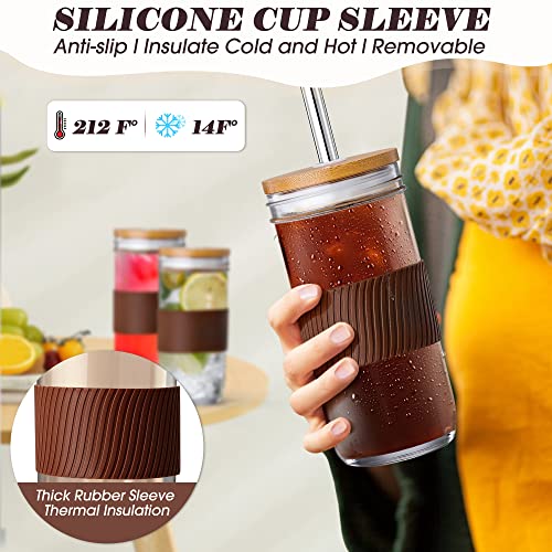 IPOW 24OZ Glass Cups with Lids and Metal Straws 2 Pack, Iced Coffee Cups with Bamboo Lids, Cute Boba Cup with Non-slip Sleeve, Clear Drinking Glasses for Bubble Tea, Smoothies, Juices, Sauces