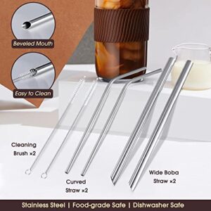 IPOW 24OZ Glass Cups with Lids and Metal Straws 2 Pack, Iced Coffee Cups with Bamboo Lids, Cute Boba Cup with Non-slip Sleeve, Clear Drinking Glasses for Bubble Tea, Smoothies, Juices, Sauces