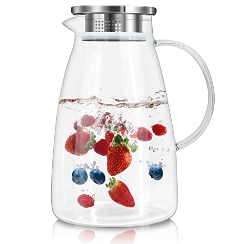 XKY 74oz Glass Pitcher - Heat Resistant Borosilicate Glass Jug, Removable Lid And Wide Handle, Easy Clean - Jugs Water Pitcher