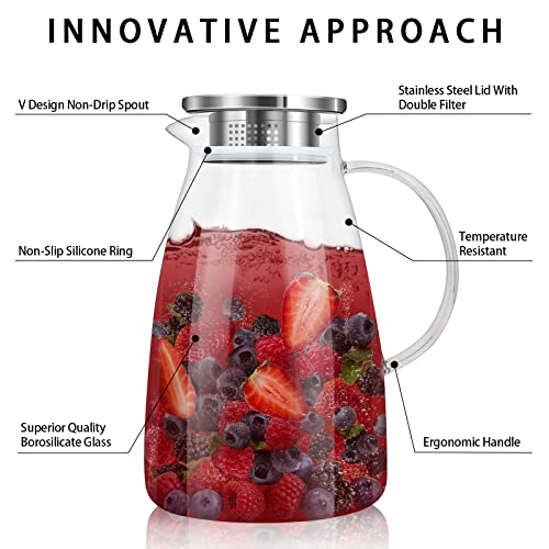 XKY 74oz Glass Pitcher - Heat Resistant Borosilicate Glass Jug, Removable Lid And Wide Handle, Easy Clean - Jugs Water Pitcher