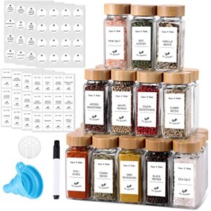 cucumi 12 pcs spice jars with labels and bamboo lids, 4oz empty square spice bottles with shaker lids, collapsible funnel, chalk pen, seasoning containers for spice rack, drawer, cabinet