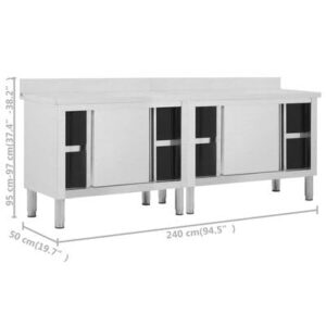 SKM 2pcs Stainless Steel Work Table with Sliding Doors 94.5"x19.7"x(37.4"-38.2") Stainless Steel Prep Table for Commercial Kitchen