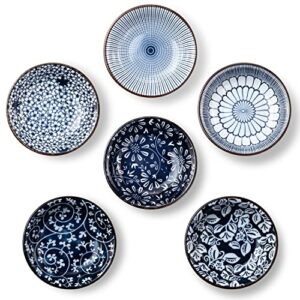 eisinly dipping bowls, soy sauce dish ceramic, 3 oz small serving bowls for side dishes vintage blue stylish design, set of 6 mini appetizer plates for condiment sushi ketchup bbq party, 4 inch