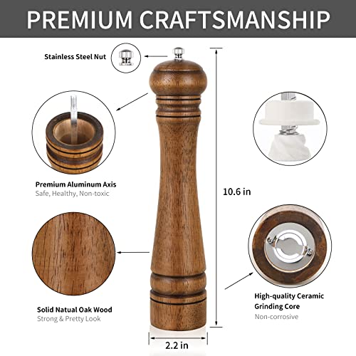 1Pack Wood Pepper Grinder, XWXO 10 Inch Salt Mill Pepper Grinder, Pepper Mill, Salt Shakers with Adjustable Ceramic Rotor - 1 Pack Oak Wood Pepper Grinder for Your Kitchen