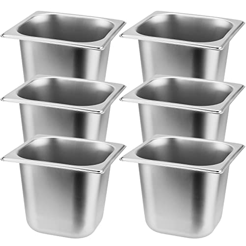 SINJEUN 6 Pack 1/6 Size x 6 Inch Deep Steam Pan, Commercial Stainless Steel Pan Steam Table Pan for Restaurant, Hotel, Catering, Silver