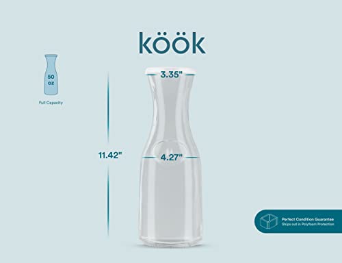 Large Glass Carafe Pitchers, By Kook, 50 oz Beverage Dispensers, Clear Jugs For Mimosas, Water, Wine, Milk and Juice, with Plastic Lids, Dishwasher Safe, of 3