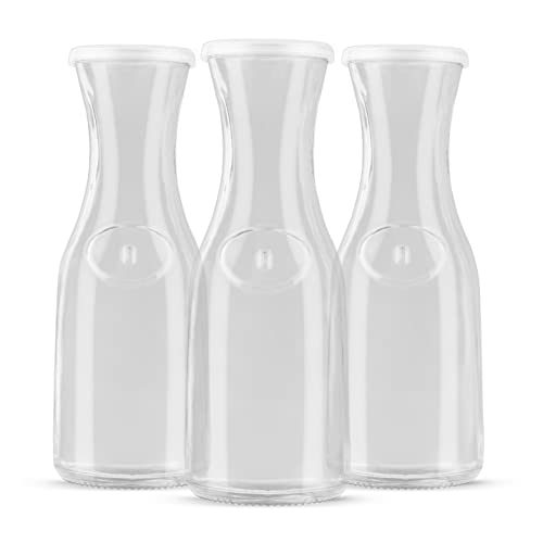Large Glass Carafe Pitchers, By Kook, 50 oz Beverage Dispensers, Clear Jugs For Mimosas, Water, Wine, Milk and Juice, with Plastic Lids, Dishwasher Safe, of 3