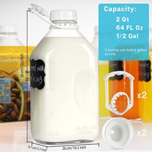 1/2 Gal Heavy Duty Glass Milk Bottle with Strong REUSABLE AIRTIGHT SCREW Lid - 2 Qt Glass Water Bottles - Glass Bottles with 4 Lids AND 4 Handles! - Glass Milk Jug Pitcher with 2 Exact Scale Lines