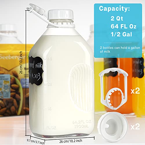 1/2 Gal Heavy Duty Glass Milk Bottle with Strong REUSABLE AIRTIGHT SCREW Lid - 2 Qt Glass Water Bottles - Glass Bottles with 4 Lids AND 4 Handles! - Glass Milk Jug Pitcher with 2 Exact Scale Lines