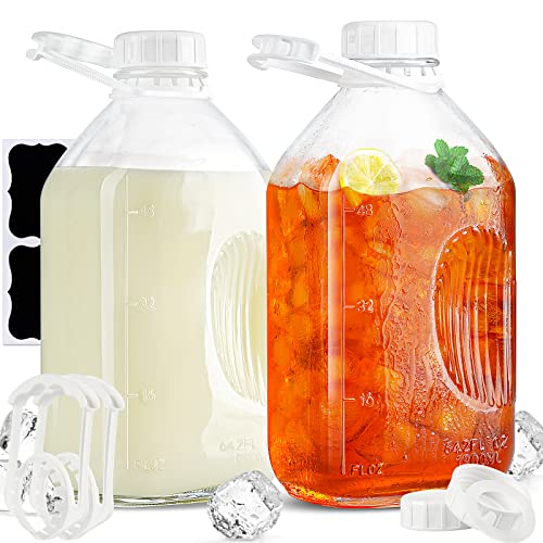 1/2 Gal Heavy Duty Glass Milk Bottle with Strong REUSABLE AIRTIGHT SCREW Lid - 2 Qt Glass Water Bottles - Glass Bottles with 4 Lids AND 4 Handles! - Glass Milk Jug Pitcher with 2 Exact Scale Lines