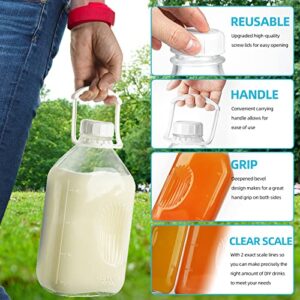 1/2 Gal Heavy Duty Glass Milk Bottle with Strong REUSABLE AIRTIGHT SCREW Lid - 2 Qt Glass Water Bottles - Glass Bottles with 4 Lids AND 4 Handles! - Glass Milk Jug Pitcher with 2 Exact Scale Lines