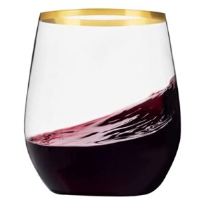 24 pack plastic stemless wine glasses with gold rim, disposable 12 oz clear wine cups – shatterproof recyclable and bpa-free, fancy party cups for wedding reception cocktail parties and catered events