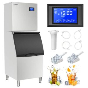 cotlin commercial ice maker machine 300lbs/24h with 300lbs large storage bin, 22'' air cooled clear cube for restaurant bar, 110v ice machine with bin