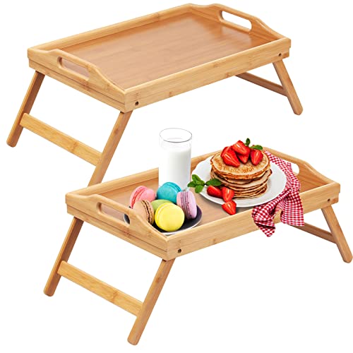 Artmeer Bed Tray Table with Foldable Legs,Bamboo Breakfast Tray with Handles Ideal for Sofa, Bed, Eating,Working,Used As Laptop Desk Snack Tray 2 Pack Bamboo