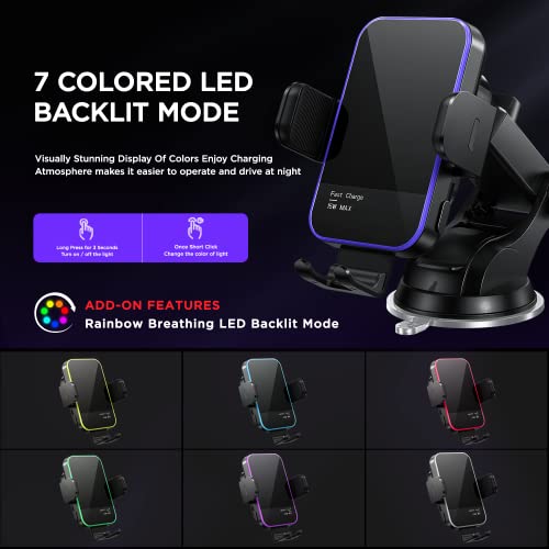 Wireless Car Charger,【7 Colored LED Backlit】Mosurr 15W Auto Clamping Car Charger Phone Mount Holder fit for iPhone 14 13 12 Mini Pro Max 11 XR XS X, Samsung Galaxy S23 Ultra S22 S21+ S10+ Note 20, etc