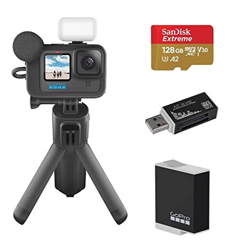 GoPro GoPro HERO11 Black Creator Edition Waterproof Action Camera Essential, Bundle with 128GB microSD Memory Card, Extra Battery, USB 2.0 Multi Card Reader