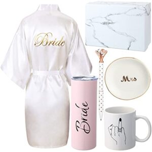 janmercy 6 pcs bride gifts set gift box bridal shower engagement party 20 oz stainless steel tumbler cup mug jewelry tray silk robes (l size, white)