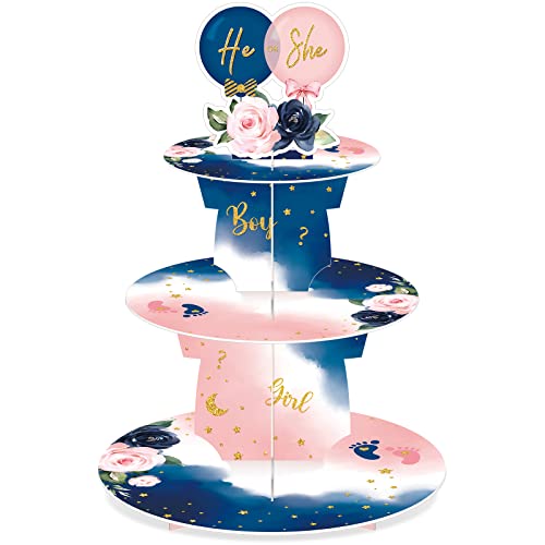 Gender Reveal Party Cupcake Stand Decorations, Blue and Pink 3 Tier Baby Shower Cupcake Toppers Tower Cardboard Supplies for Boy Girl Baby Gender Reveal Birthday Party Favors (Flower)