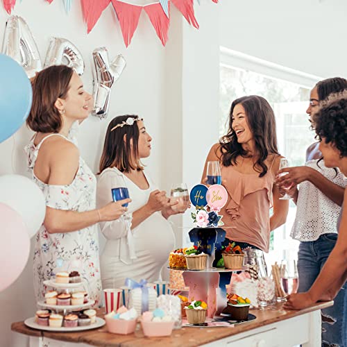 Gender Reveal Party Cupcake Stand Decorations, Blue and Pink 3 Tier Baby Shower Cupcake Toppers Tower Cardboard Supplies for Boy Girl Baby Gender Reveal Birthday Party Favors (Flower)