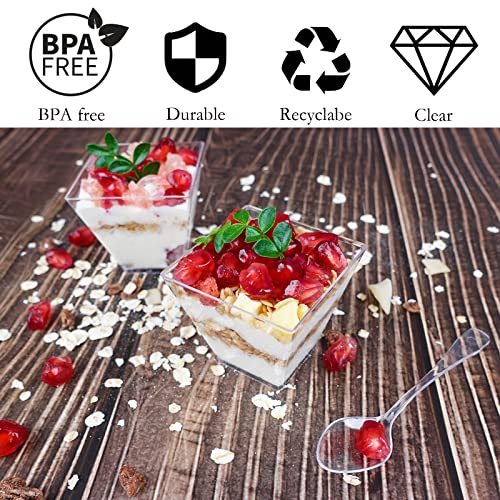 Hiasobre 100 Pack 2 oz Mini Dessert Cups with Spoons, Square Clear Plastic Appetizer Cups, Reusable Parfait Cups, Small Dessert Bowls for Serving Fruit Ice Cream Pudding Yogurt