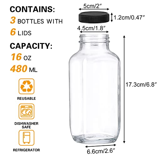 Moretoes 3pcs 16oz Glass Bottles with Lids Glass Milk Bottles Glass Juice Bottles Square Beverage Bottles for Milk Juice Tea Milkshake Water Honey Jam