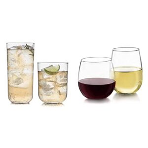 libbey polaris 16-piece tumbler and rocks glass set, axis & stemless wine party glasses (set of 12), 16.75-ounce red wine and 17-ounce white wine
