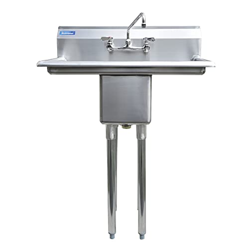 One Compartment Stainless Steel Commercial Kitchen Prep & Utility Sink with Left and Right Drainboards with Faucet | Bowl Size 10" x 14" X 10" | NSF