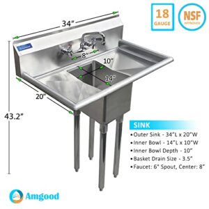 One Compartment Stainless Steel Commercial Kitchen Prep & Utility Sink with Left and Right Drainboards with Faucet | Bowl Size 10" x 14" X 10" | NSF