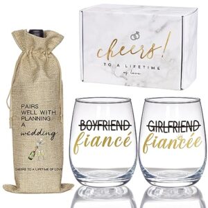 engagement gifts for couples, boyfriend and girlfriend wine glass and wine bag gift set, fiance fiancee gift for him and her, bride and groom wedding gifts, bridal shower, engaged gifts for newlywed