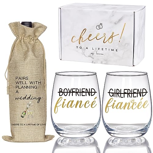 Engagement Gifts for Couples, Boyfriend and Girlfriend Wine Glass and Wine Bag Gift Set, Fiance Fiancee Gift for Him and Her, Bride and Groom Wedding Gifts, Bridal Shower, Engaged Gifts for Newlywed